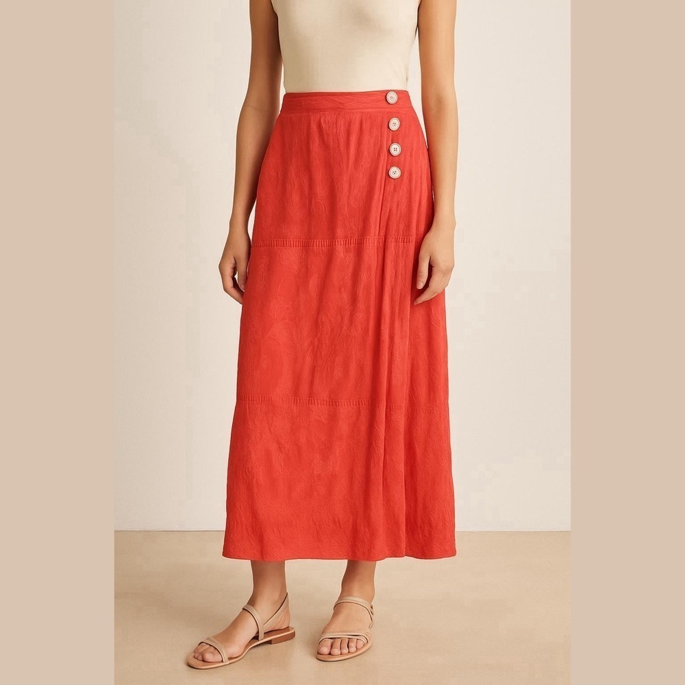 Vintage Foschini Elegant Coral Orange Abalone Button-Detail Embroidered Skirt 10